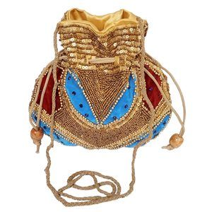 Potli Bag Drawstring Satchel Purse With Gold Thread & Sequin Embroidery, o_o